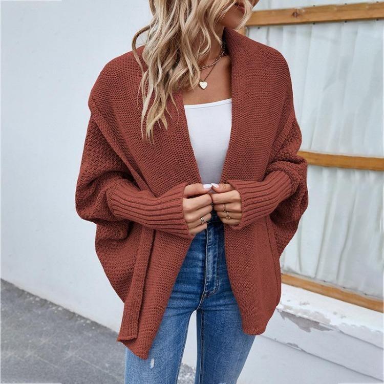 Vintage Loose Knitwear Cardigan Sweater Top Solid Color V-Neck Long Sleeve Autumn Winter