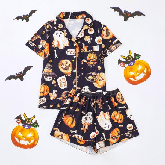 Halloween Women Pajamas Set Ghost Pumpkin Print Short Sleeve Button Down Shirts And Shorts Sleepwear Set 2 Piece Loungewear Pjs Short Set