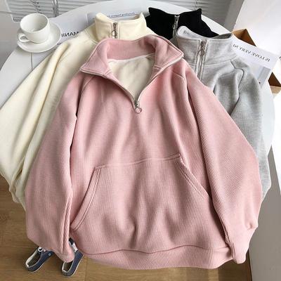Strick-Sweatshirts, dicker, gebürsteter Mantel mit Reißverschluss, Winter-Außenpullover, lockere, modische Bluse, Damen-Rollkragenpullover im Y2K-Stil