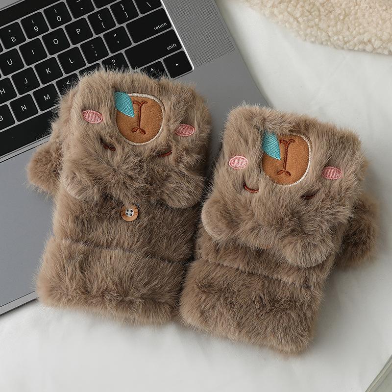 Cute Capybara Plush Gloves Half Finger Flip Cover Fleece Lined Thickened Riding Warm Winter Touchscreen Compatible Student