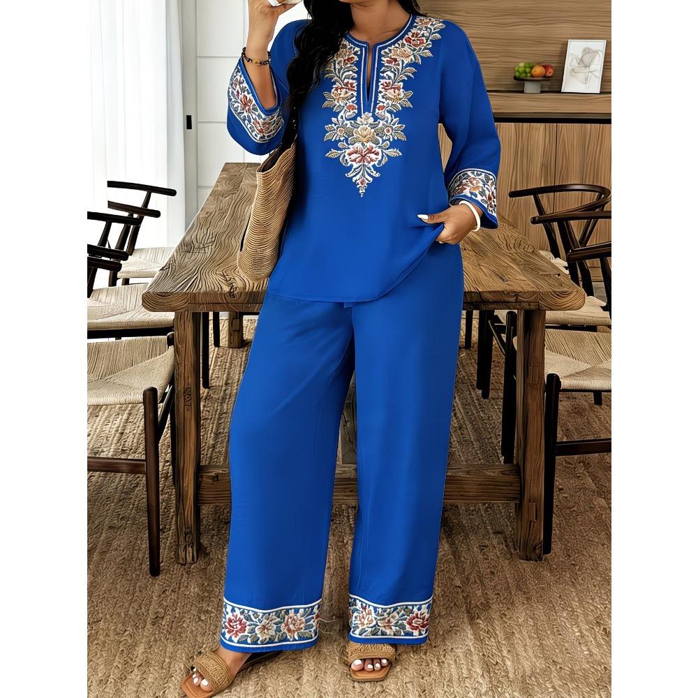 Damen Frühling Sommer Neues 2-teiliges Outfit, V-Ausschnitt 3/4-Ärmel Knopfleiste Hemd & Bedruckte Elastische Taille Lange Hose Set, Digitaldruck Maschine Lässiger Anzug