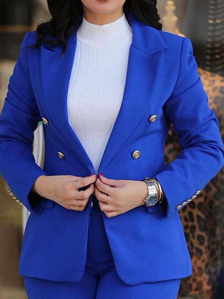 Women's Solid Color Slim Fit Casual Fashion Waist Slim Double Row Button Two-Piece Suit Set Black