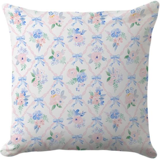 Vintage Hydrangea Pillow Cover 18x18 – Blue Floral Cushion Case with Pink Lattice Pattern – Pastel Coquette Cottagecore Decor for Bedroom or Blue Bow Lattice Floral