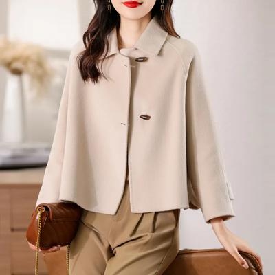 Cappotto Corto Reversibile in Lana Ampio da Donna Autunno e Inverno Cappotto Semplice con Bottoni a Corno di Vacca
