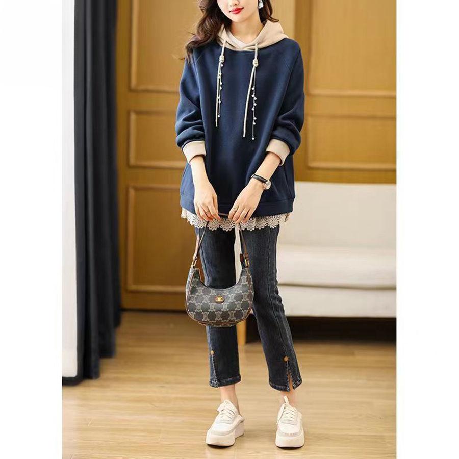 Spring Autumn Womens Hooded Sweatshirt European Style Color Block Loose Fit Long Sleeve Jacket