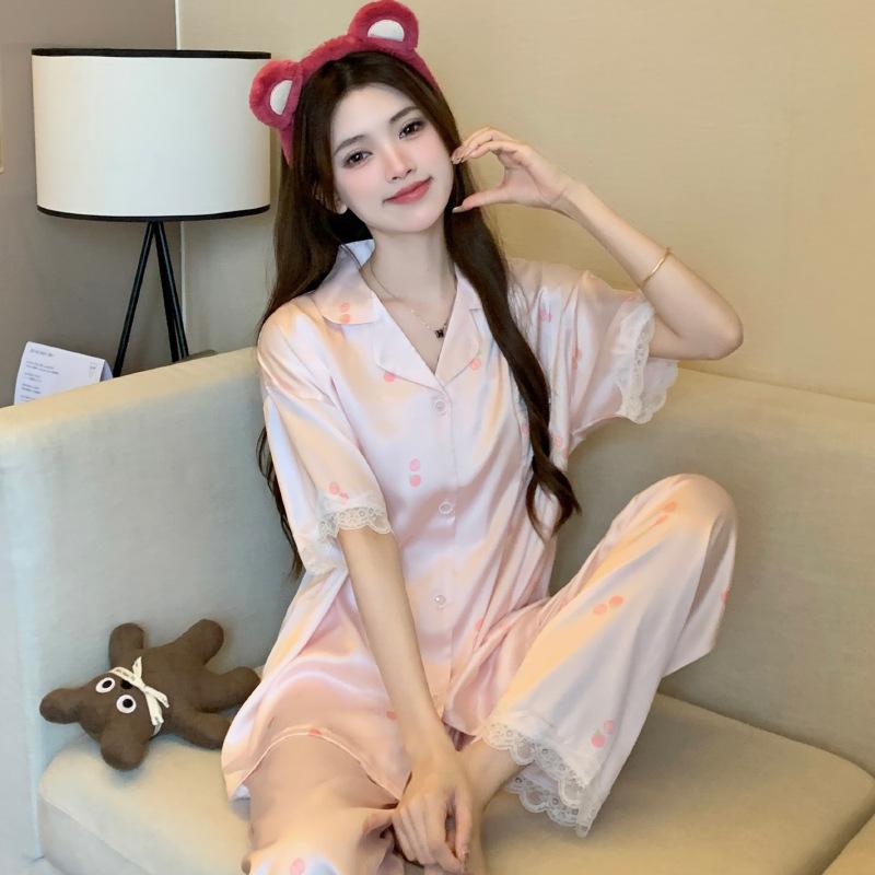 Ice Silk Pajamas Women'S Summer High-End Sweet Cherry Short-Sleeved Trousers Loungewear Set