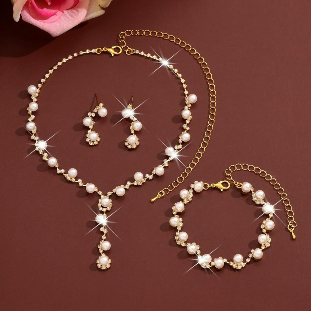 Delicate Claw Chain Necklace Earrings Bracelet Set Three-piece Pearl Clavicle Chain Dress Accessories