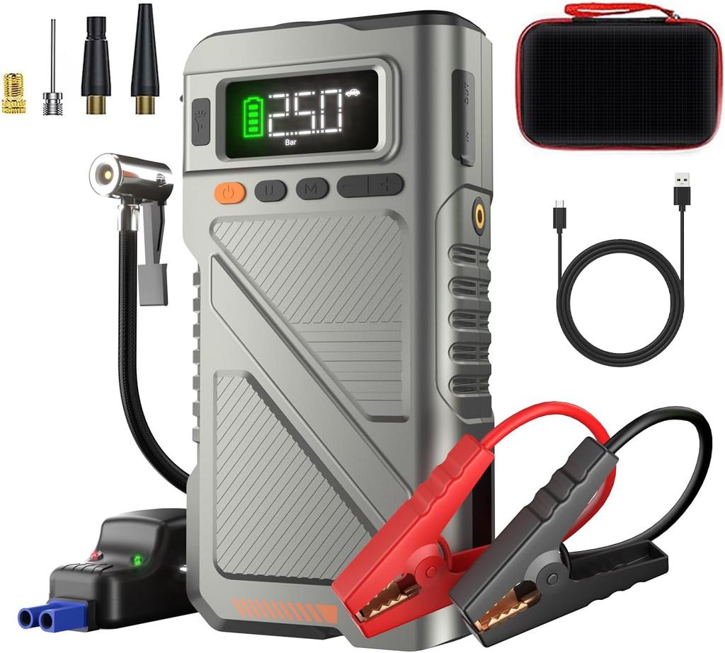 9000A Portable Jump Starter with Air Compressor, 150PSI Tire Inflator, 12V Car Jump Box with Extended Cables
