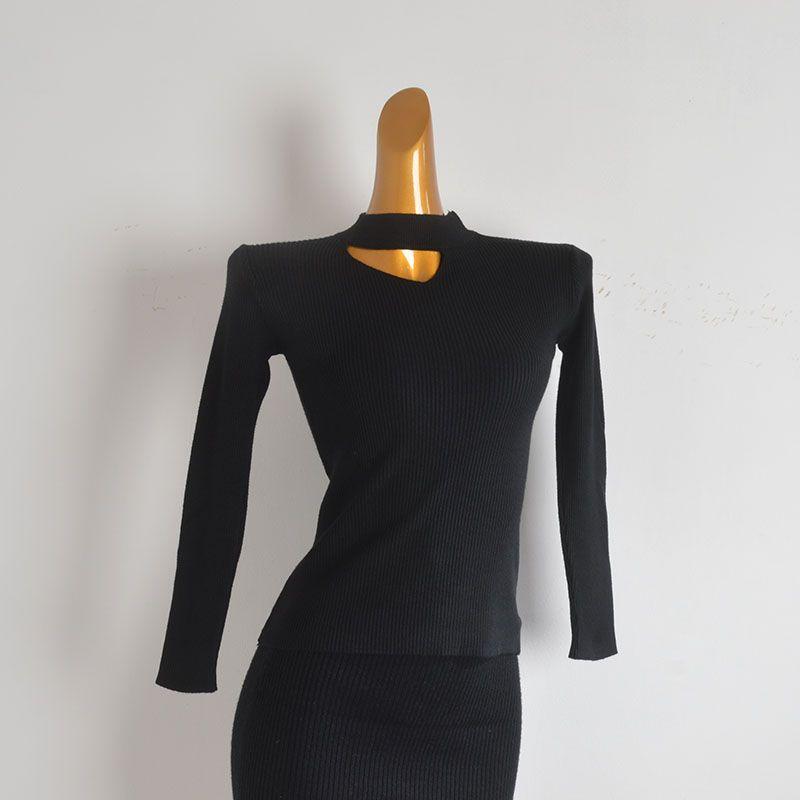 Stylish Sexy Hollow-out Halter Knitting Bottoming Shirt for Women Spring & Fall New Arrival Silm Slim Looking All-Matching Long Sleeve Top