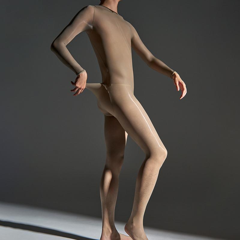 Oil Shiny Jumpsuits Men Full Mesh Body Stockings Glossy Pantyhose Male Ultra Thin Tights Sheer Bodysuits Gay Man Erotic Lingerie