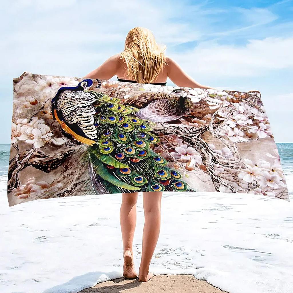 Peacock Beach Towel, Absorbent Quick Dry Sand Free Microfiber Compact Travel Beach Towel, Sandless Lightweight Beach Towel