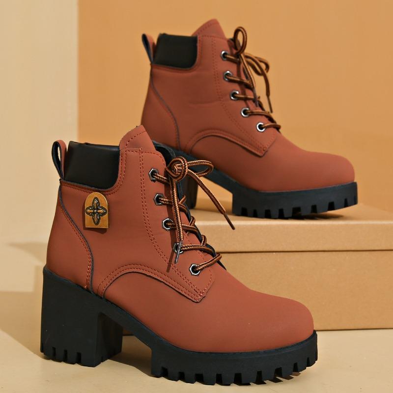 New High Heeled Women Boots Comfortable Waterproof Short Boots Retro Round Toe Chunky Heels Ankle Boots for Women Platform Shoes