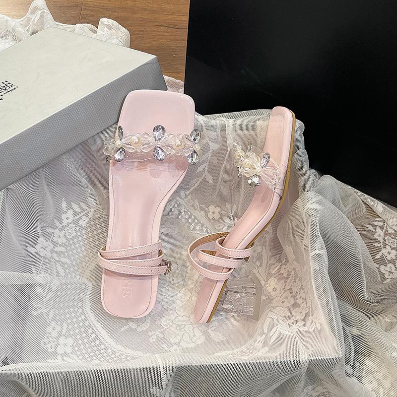 

High heels women s 2025 new sandals thick heel summer wear exquisite crystal word with high sense fashion shoes 40 розовый