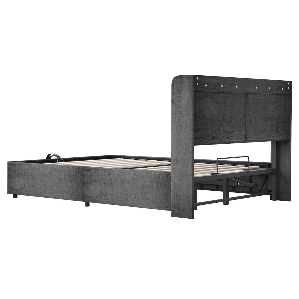 Wooden Bed 180 X 200 Cm, Hydraulic, Headboard with Storage, Equipped with USB Port and Type-C Socket, Double Bed, Single Bed, Grey (Without Mattress)