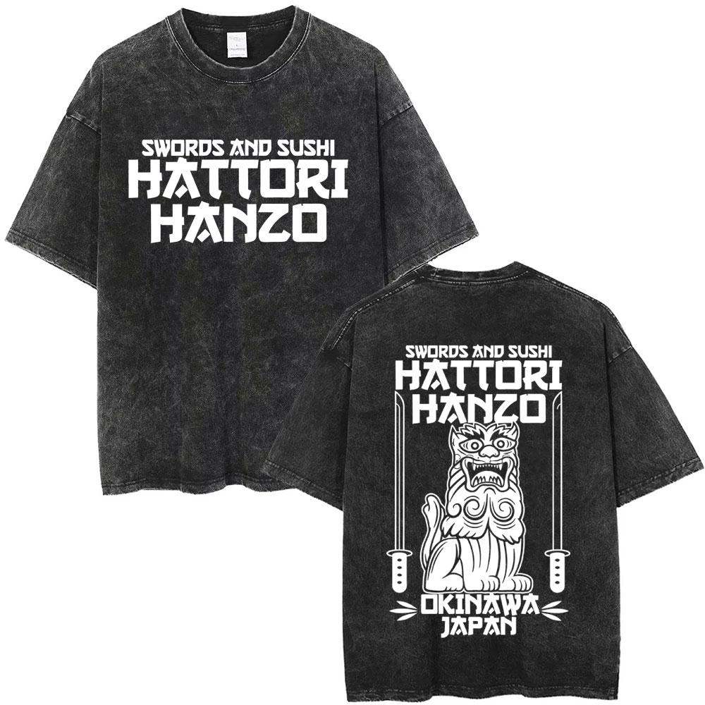Hattori Hanzo RED Swords and Sushi Kill Bill Okinawa Japan Tarantino Vintage Washed T Shirts Men Women Casual Retro Streetwear S