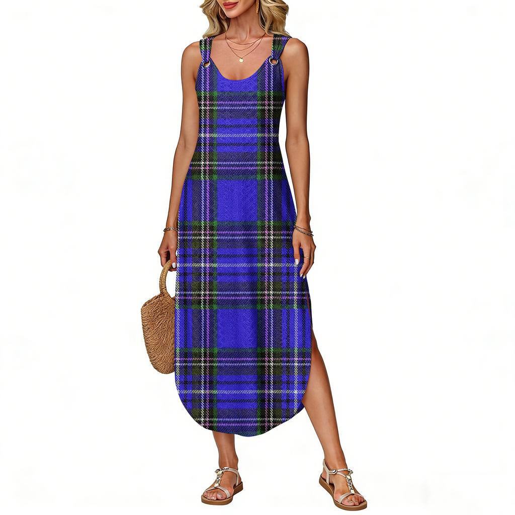 Women's Summer Long Dress, Sleeveless with Side Slits, Long Plaid Printed Vest Dress