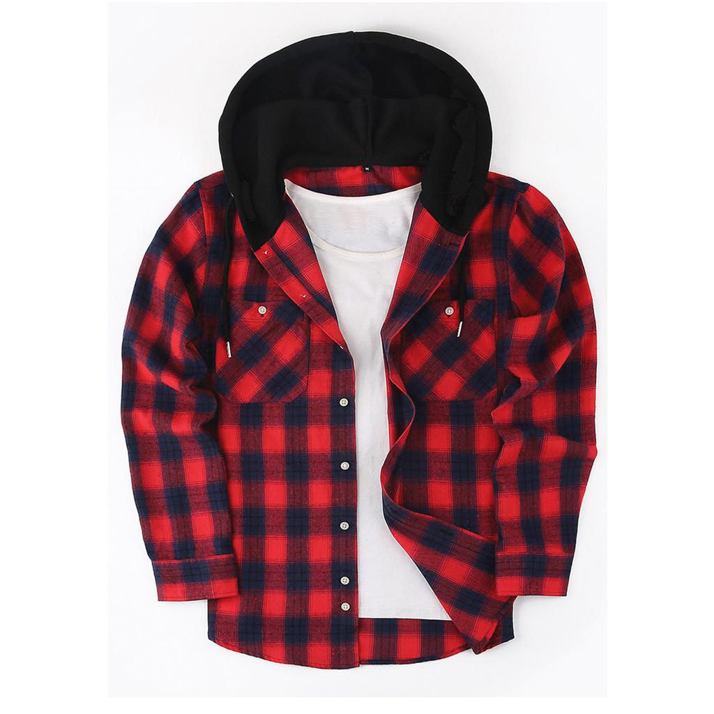 Mens Classic Plaid Long Sleeve Hooded Shirts Multi Pockets Thin Cotton Light Jacket Relaxed Fit Casual Outwear