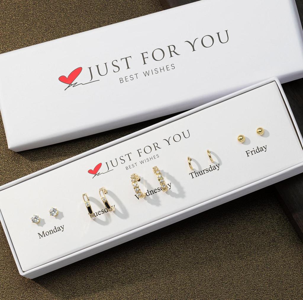 Zirkon Blumenstecker Set: 5 Paare für Damen mit Silbernadeln - Wochen-Geschenkbox