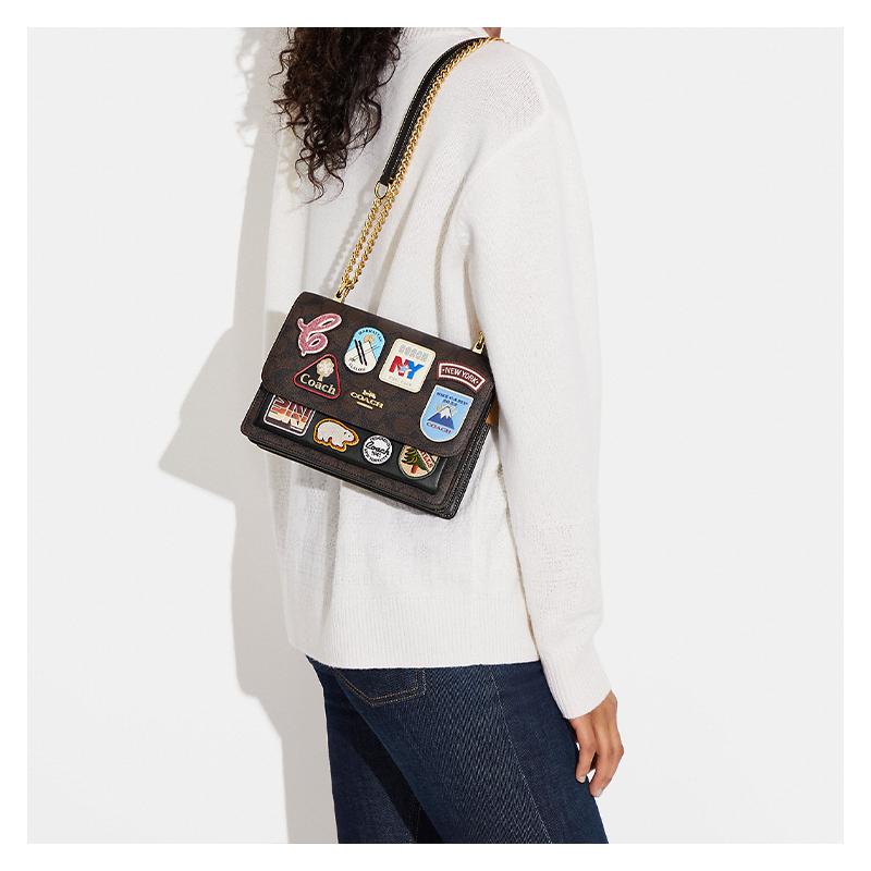 Coach Klare 22 Presbyopia Print Cartoon Patch Snap Closure Canvas with Leather Shoulder Crossbody Bag Small Size Women's Khaki and Black