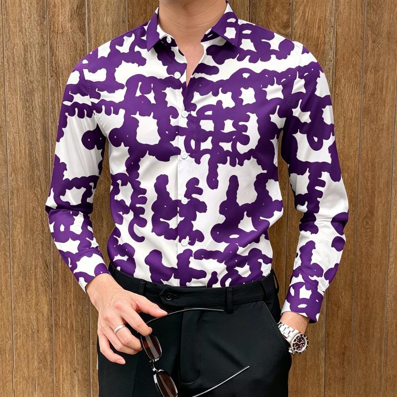 Men's Abstract Graffiti Print Long-Sleeve Shirt, Smooth Drape, Trendy Lapel Shirt, High-Street Luxury Versatile Men's Top