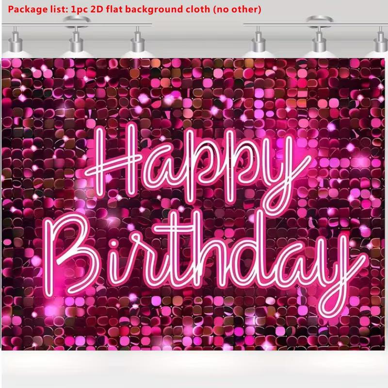 

2D Pink Sequin Neon Happy Birthday Backdrop Banner Photography Background for Party Decor 47.2x31.5inch/120*80cm