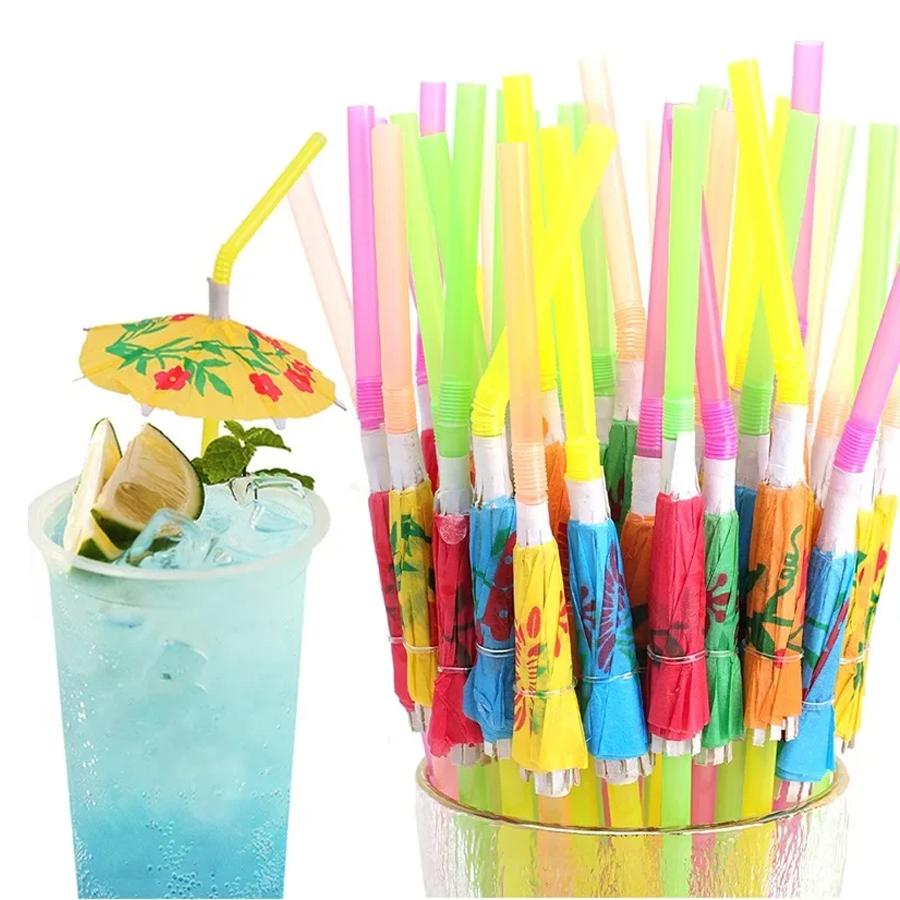 30/60pcs Drinking Straw with Paper Umbrella Festival Party Restaurant Household Vacation Drinks Supplies Decor Straw XJM