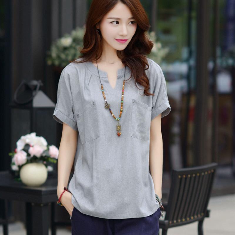 

Летняя свободная футболка с короткими рукавами из хлопка и льна, женская, большого размера, новая корейская мода, свободная, элегантная, повседневная, льняная рубашка, женская одежда 3125 3XL светло-серый