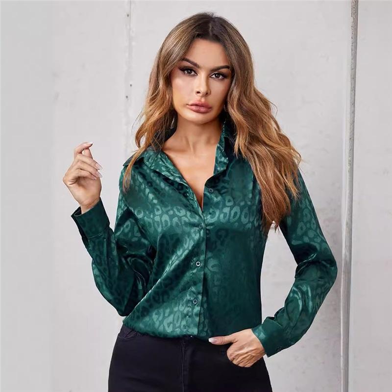 Womens Spring Summer Lapel Button Up Leopard Print Jacquard Shirt Elegant Commuter Long Sleeve Shirt