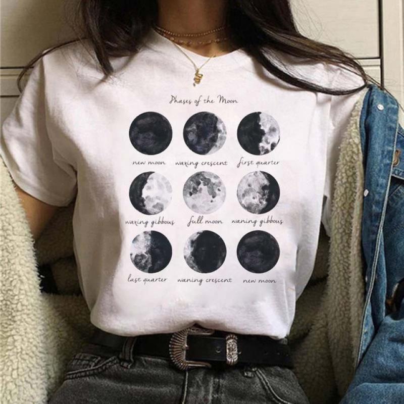 Summer Fashion Printed Moon Moon Eclipse Loose Half Sleeve Letter Cotton T-Shirts Women’s