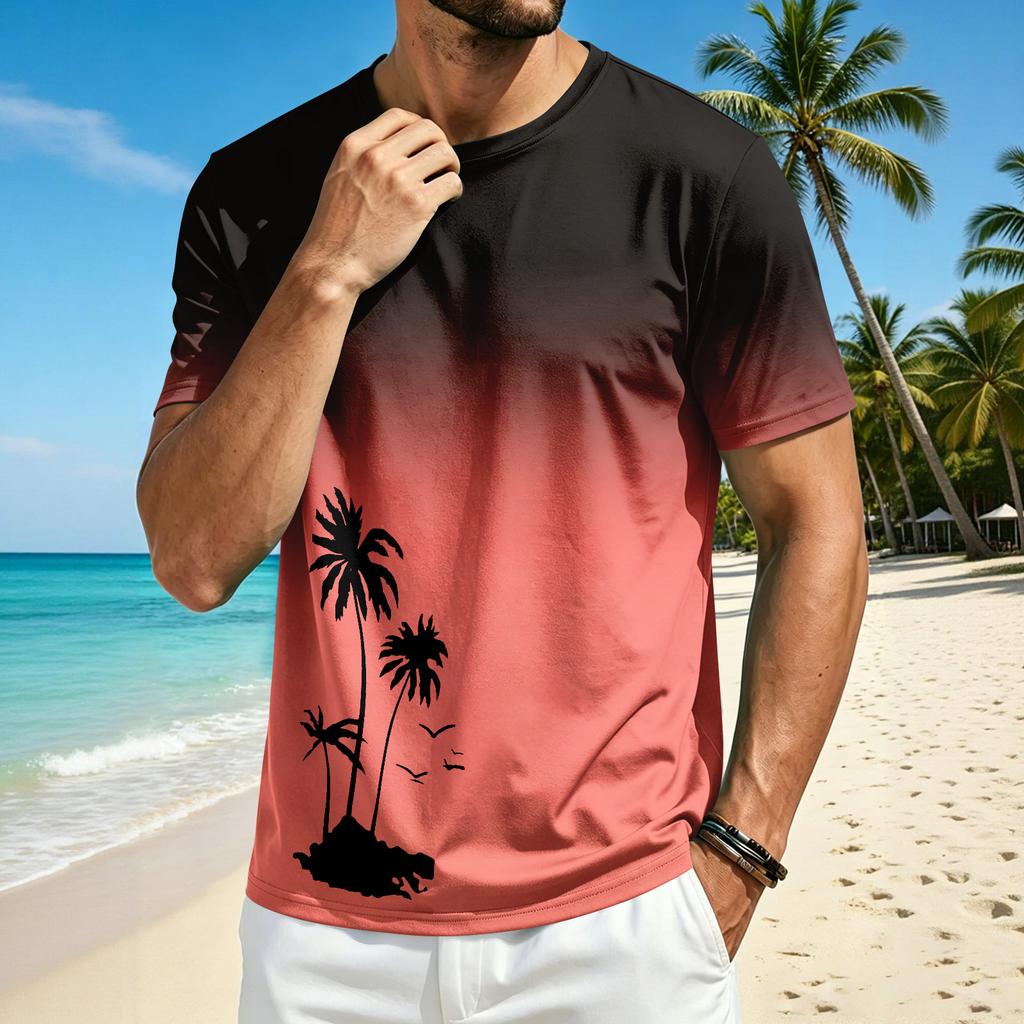 Men’s Summer Crew Neck Short Sleeve T Shirt with Hawaiian Print Casual Comfortable Fit Lightweight Top
