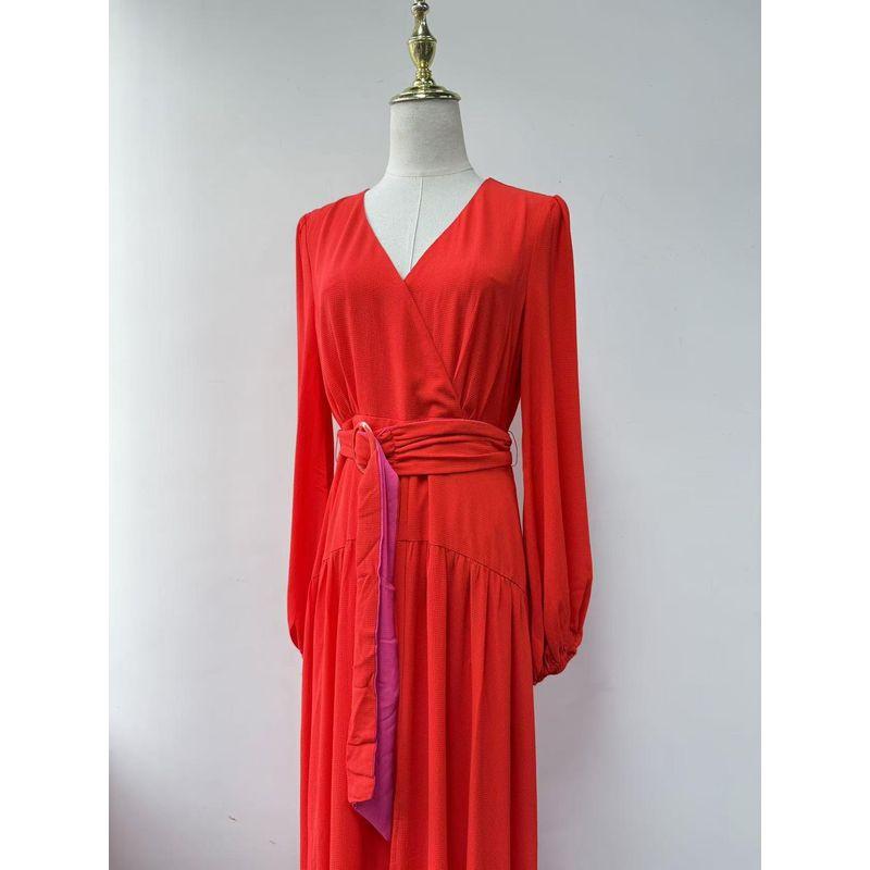 Export Single Vici Orange Chiffon Long Sleeves Red Dress Split Maxi Dress Desert Island Vacation Skirt