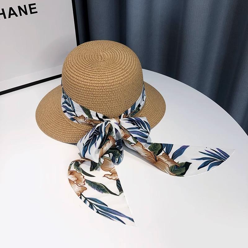 Straw hat women's summer beach vacation sun hat sun protection UV protection sun hat bow straw bucket hat