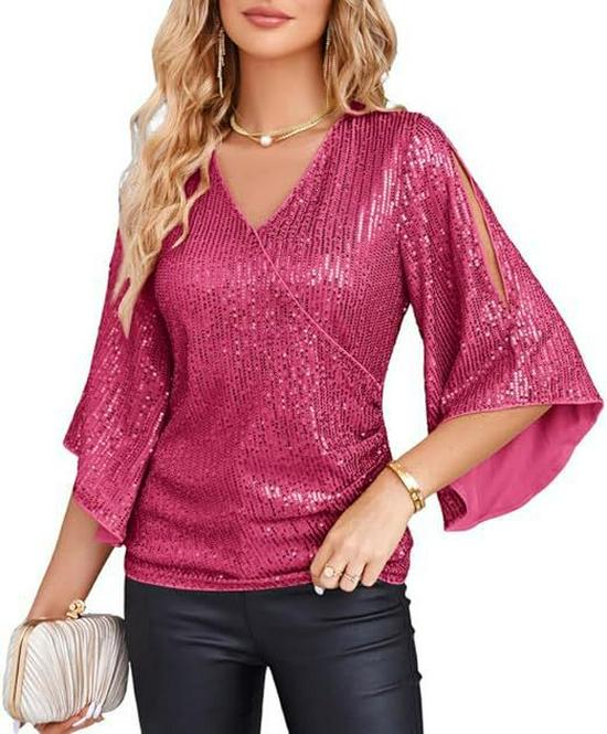 Women's Loose V-neck Sequin Flare Sleeve Top - Trendy Casual Vacation T-shirt