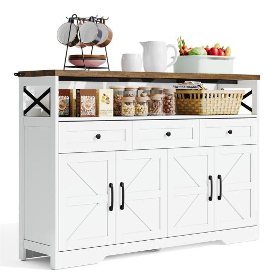 Buffet Sideboard 140cm with Storage Space, Coffee Bar with 3 Drawers, Country Style Console with Doors, Cupboards with Shelves, Suitable for Kitchen,