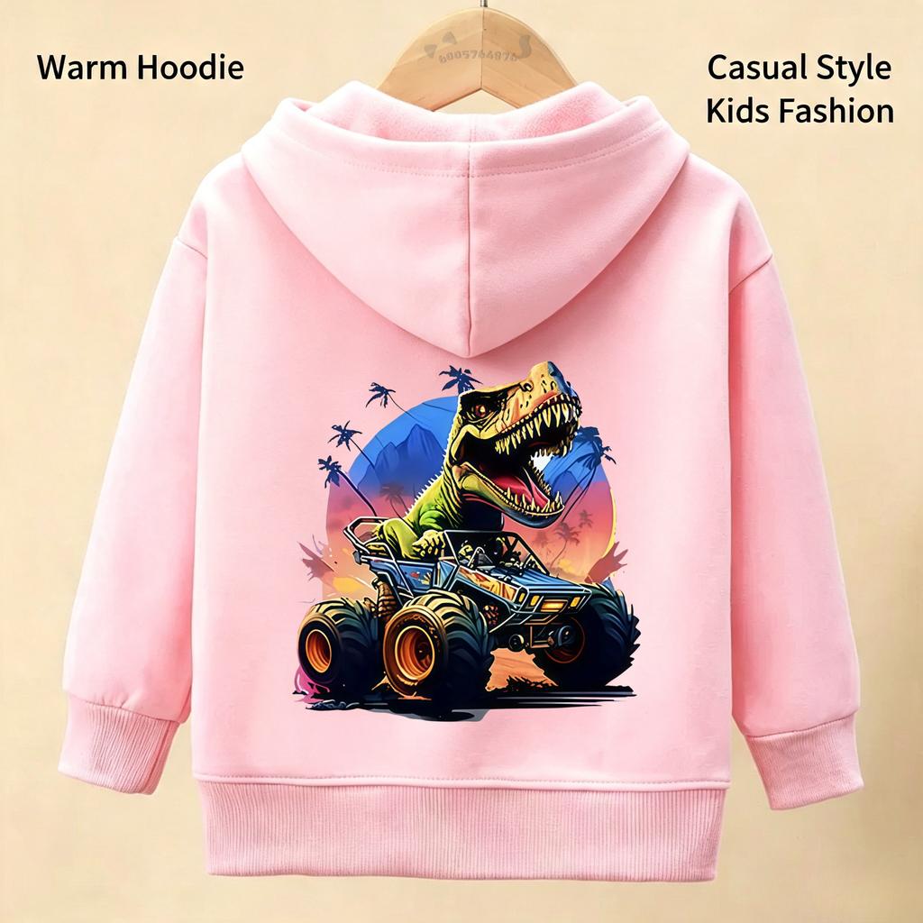 Spring and Summer Children's Fun Dinosaur Car Casual Hooded Sweatshirt - Boys' and Girls' Round Neck Cute Breathable Top