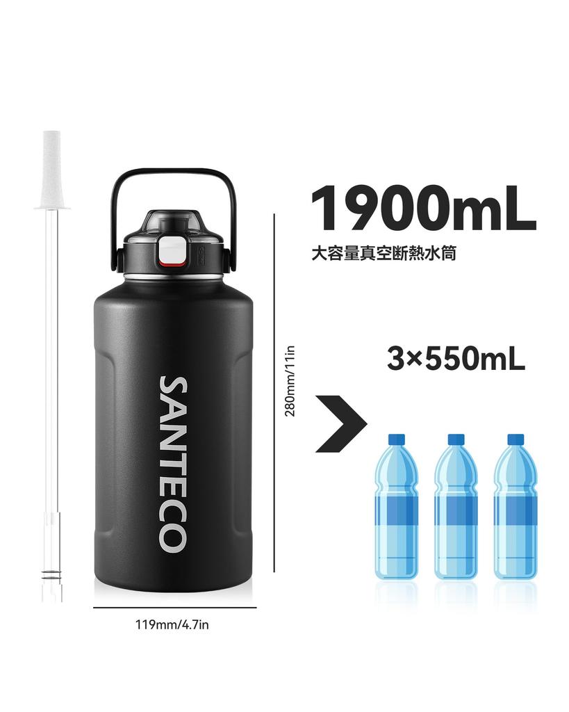 SANTECO Vacuum Insulated Water Large Keeps Drinks Hot or Stainless Steel Bottle with Direct Suitable for Sports Wide with Black Bottle, Capacity,