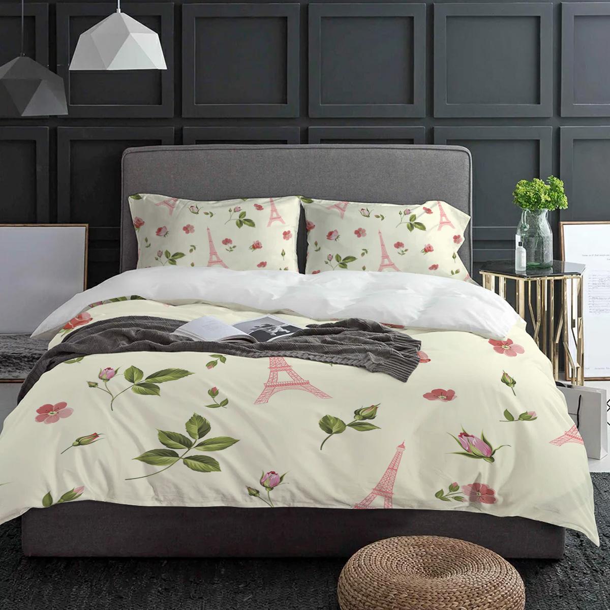 

Spring Pink Flowers Green Leaves Eiffel Tower Duvet Cover With Pillow Case 3pcs Bedding Set Quilt Cover Double Bed Home Textile (135x200cm)