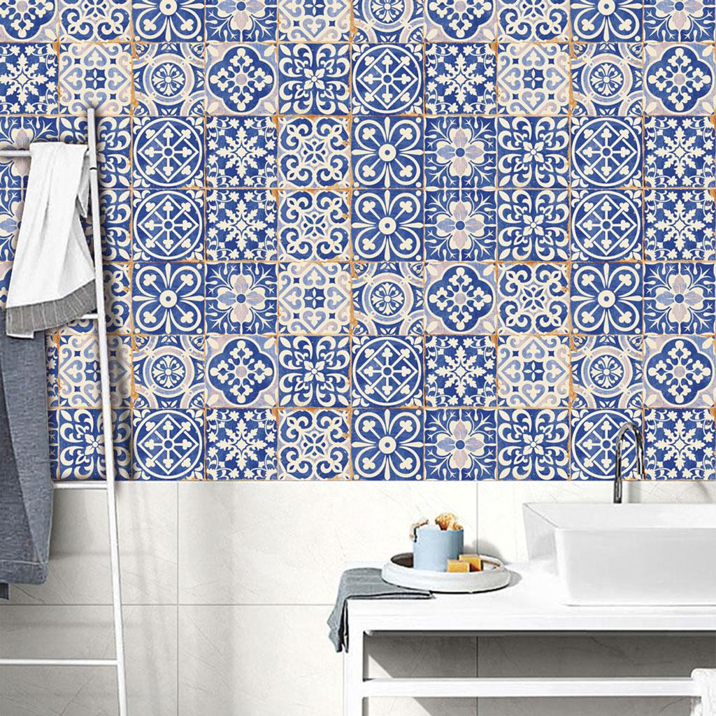 Blue and White Porcelain Tile Sticker 24pcs Self Adhesive Home Kitchen Smooth