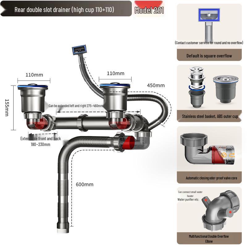 Anti-Clog & Odor Double Bowl Kitchen Sink Drain Pipe with Backflow Prevention