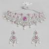 Gorgeous Estele Wedding Necklace Set with Rhodium Plated CZ, Red Stones and Pearls for Women