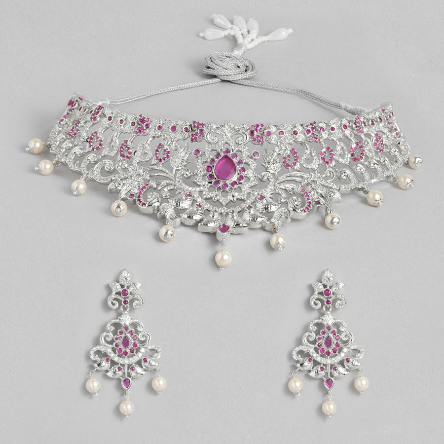 Gorgeous Estele Wedding Necklace Set with Rhodium Plated CZ, Red Stones and Pearls for Women