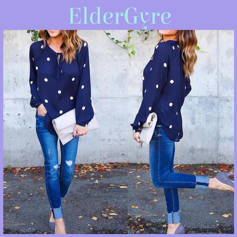 Versatile Woman O Neck Long Sleeve Casual Polka Dot Blue Bodycon Shirt Blouse For Any Occasion