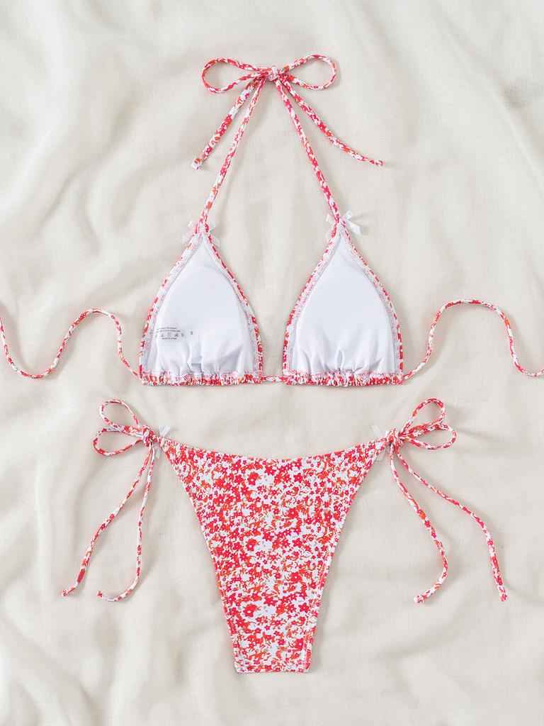 Damski strój kąpielowy z kwiecistą kokardką seksowna trójkątna torba wiązanie po bokach bikini z niską talią kostiumy kąpielowe kostiumy kąpielowe