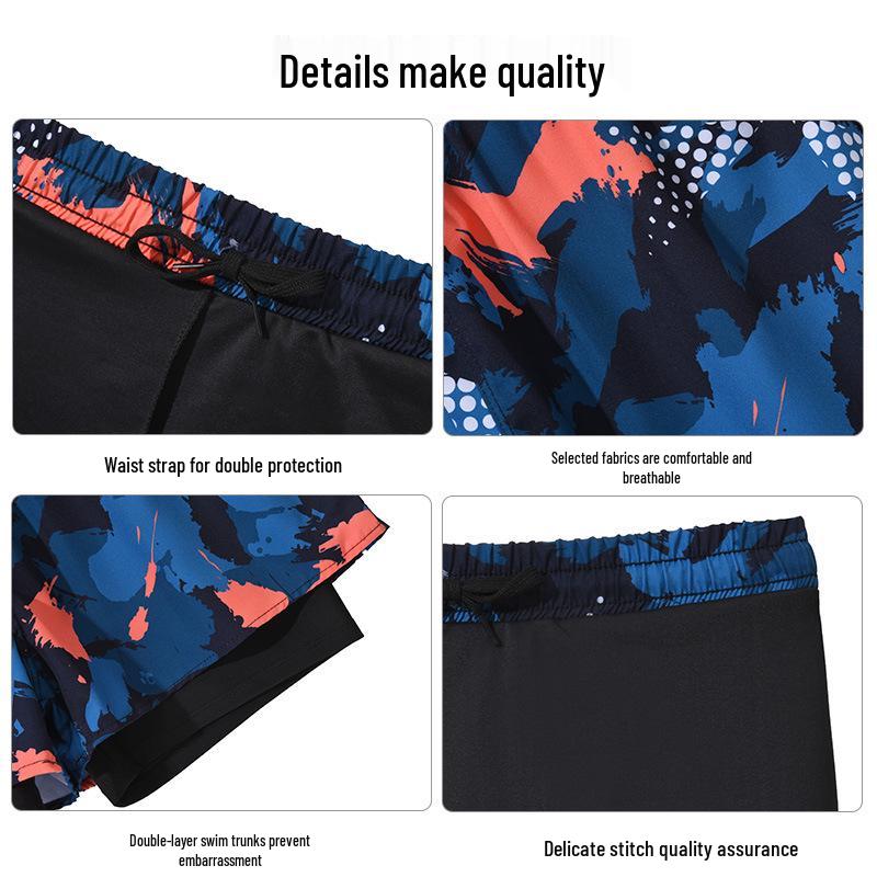 Men's Quick-Dry Double-Layer Swim Trunks - Large, Anti-Embarrassment, Boxer Style, Professional Hot Spring Set