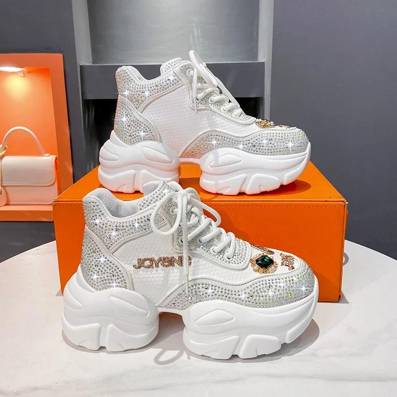 Fashion New Casua Platform Sneakers Blue Woman Sneakers Shoes Femme Tenis Luxury Tennis Crystal Decorate Women Cross Lace-up Shoes