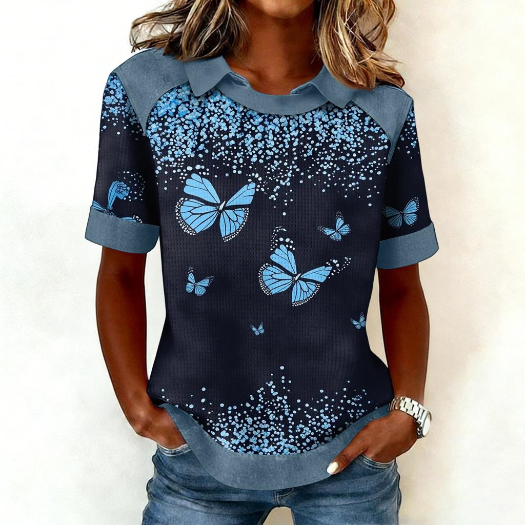 Felpa con Scollo alla Moda da Donna, Patchwork Stile Cowboy, Felpa con Cappuccio Stampata Casual, Top a Maniche Corte