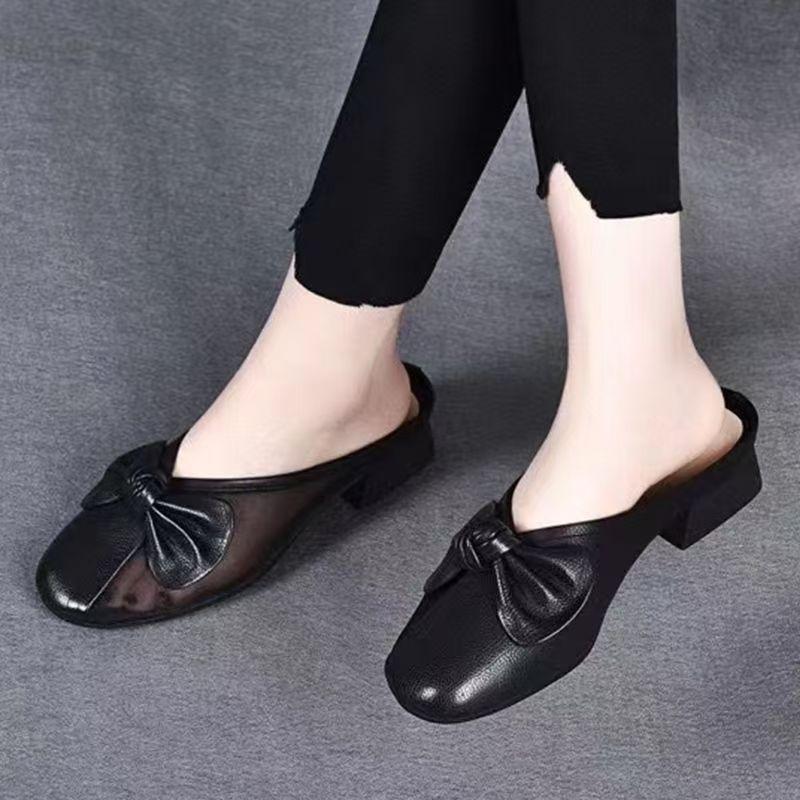 

In the summer of 2025, the new bag head wears half slippers, flat-bottomed bows, soft leather mesh yarn, thick heels, women s shoes, sandals, women. 35 чёрный