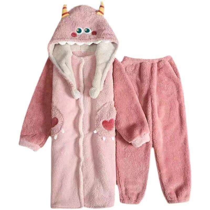 Winter Fleece-Lined Hooded Cartoon Robe – Thick, Long, and Outdoor-Ready