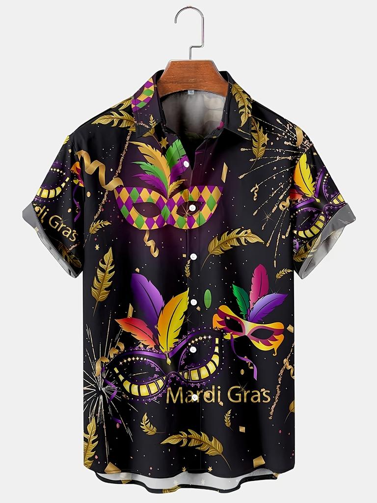Mardi Gras Mask Printed Men's Plus Size Button Short Sleeve Hawaiian Shirt