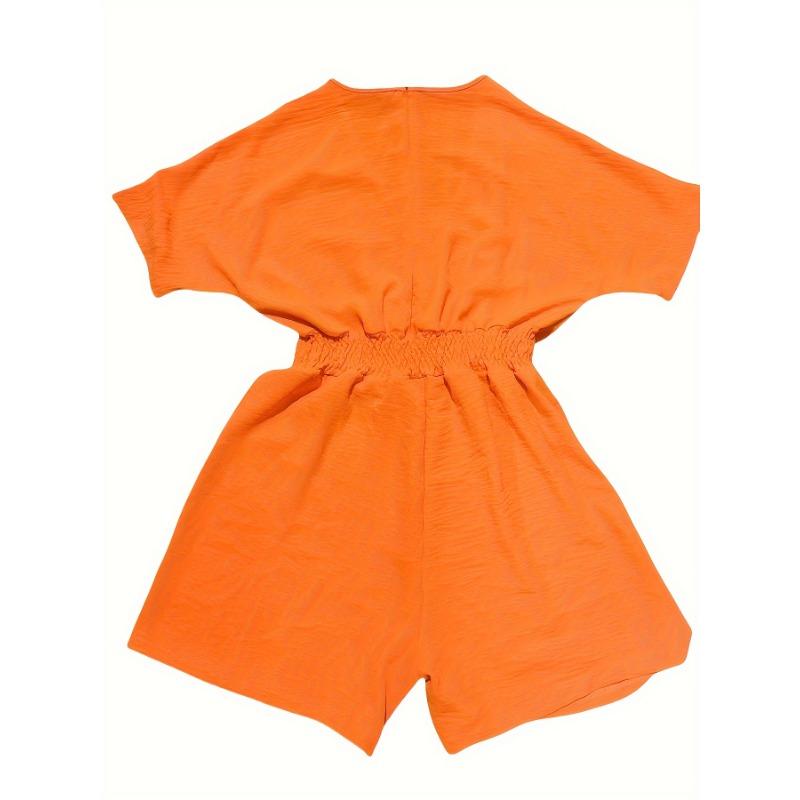 Solid V Neck Romper, Elegant Short Sleeve Shirred Waist Jumpsuit For Spring & Summer, Women's Clothing